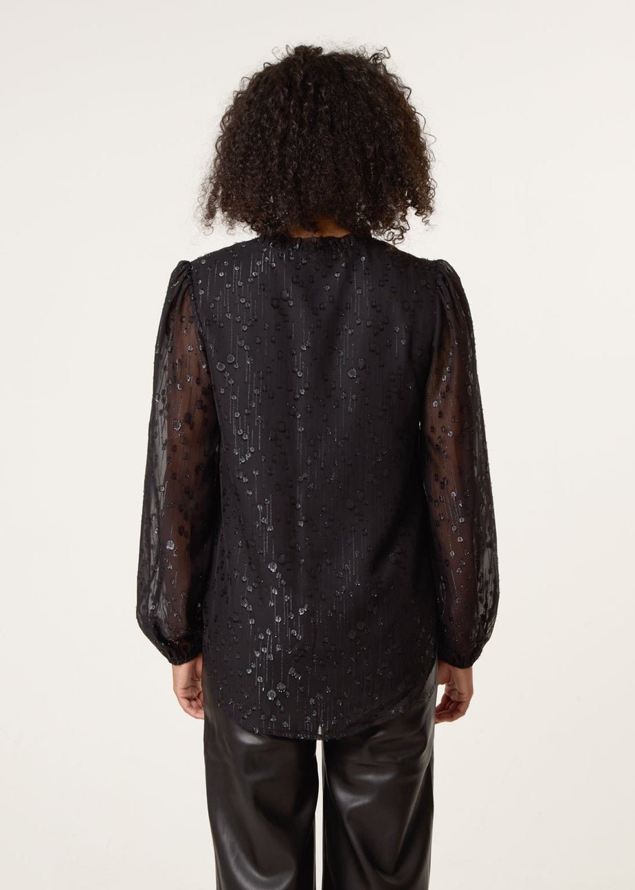 Blue Vanilla Black Jacquard Button And Tie Front Blouse