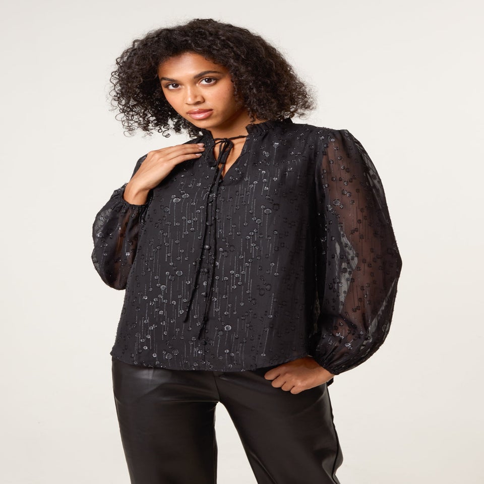 Blue Vanilla Black Jacquard Button And Tie Front Blouse