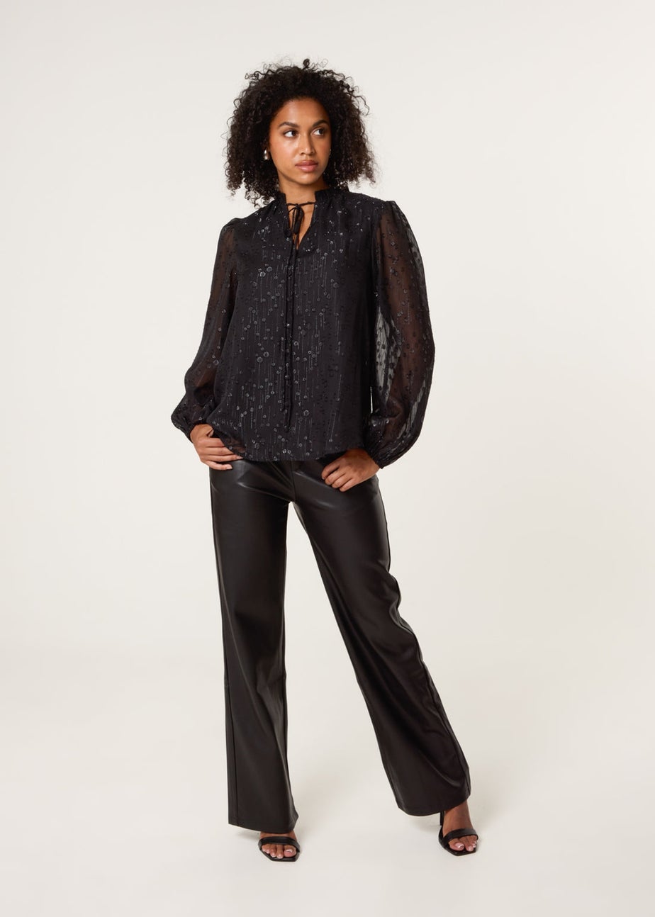 Blue Vanilla Black Jacquard Button And Tie Front Blouse