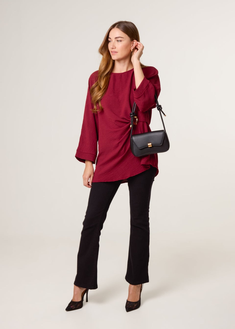 Blue Vanilla Burgundy Detail Side Gathered Blouse