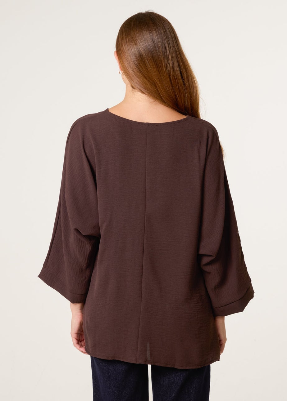 Blue Vanilla Brown Detail Side Gathered Blouse