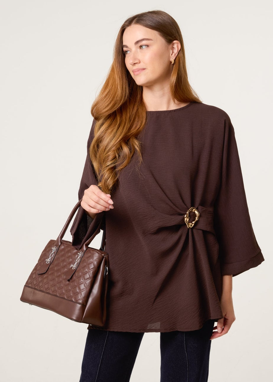 Blue Vanilla Brown Detail Side Gathered Blouse