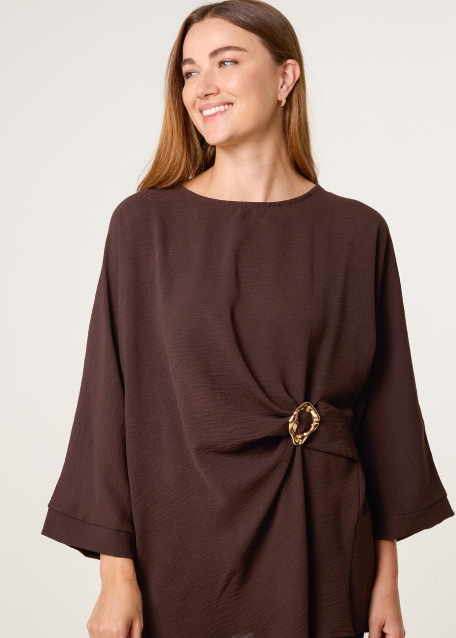 Blue Vanilla Brown Detail Side Gathered Blouse