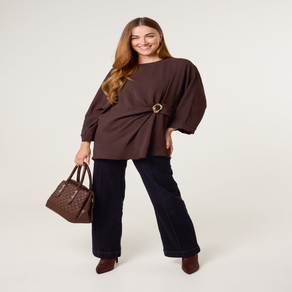 Blue Vanilla Brown Detail Side Gathered Blouse