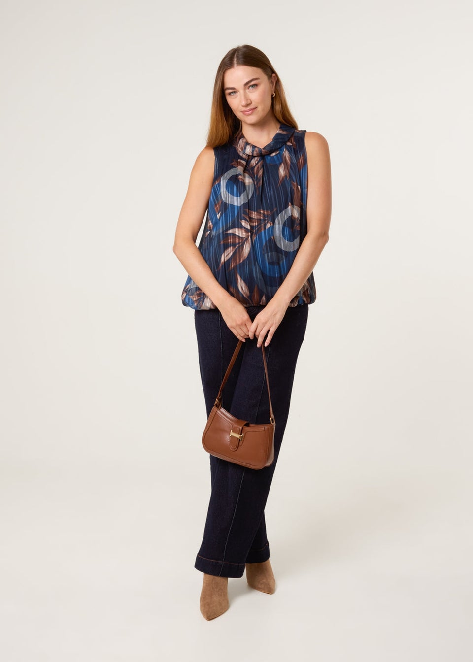 Blue Vanilla Navy Sleeveless Cowl Neck Metallic Print Blouse