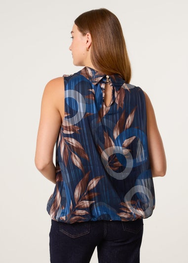 Blue Vanilla Navy Sleeveless Cowl Neck Metallic Print Blouse