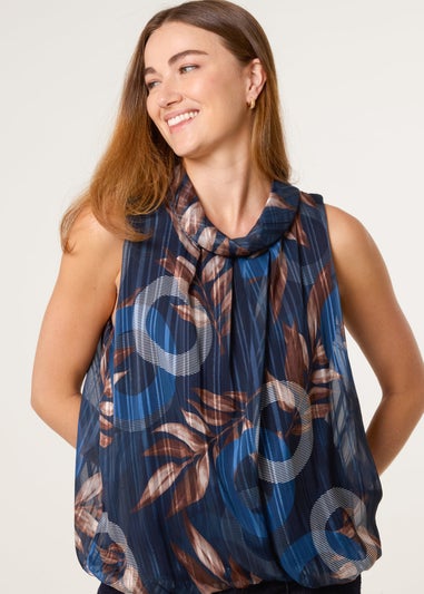 Blue Vanilla Navy Sleeveless Cowl Neck Metallic Print Blouse