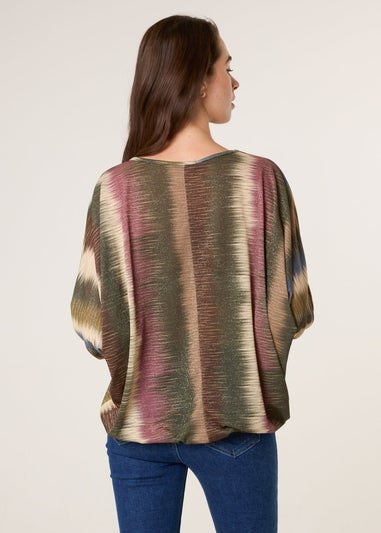 Blue Vanilla Khaki Printed Round Neck Long Sleeve Top