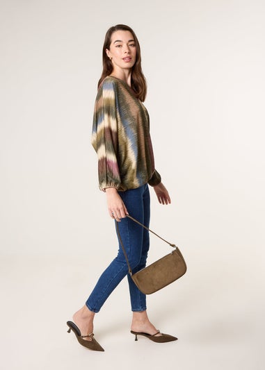 Blue Vanilla Khaki Printed Round Neck Long Sleeve Top