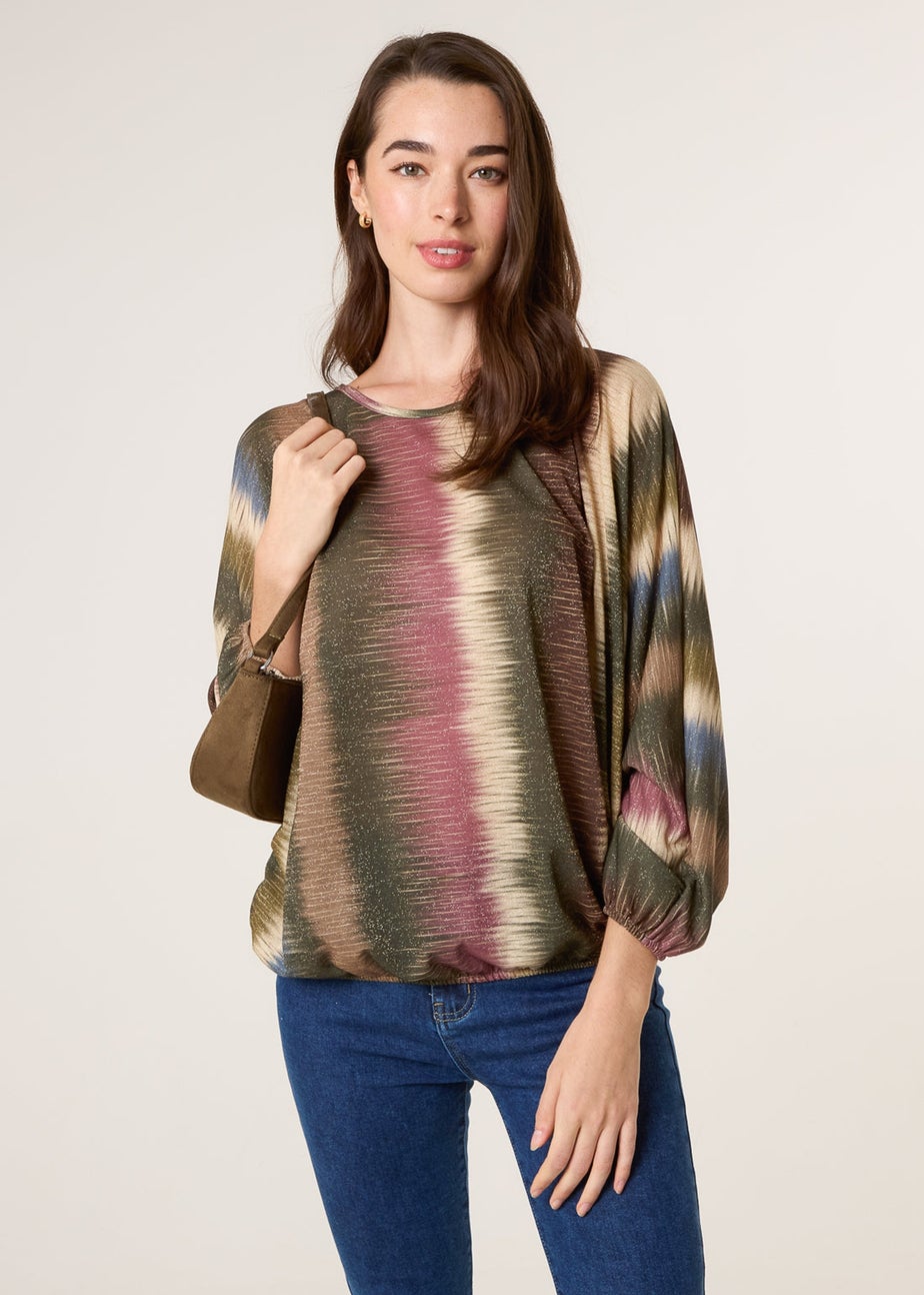 Blue Vanilla Khaki Printed Round Neck Long Sleeve Top