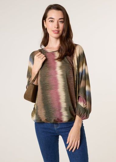 Blue Vanilla Khaki Printed Round Neck Long Sleeve Top