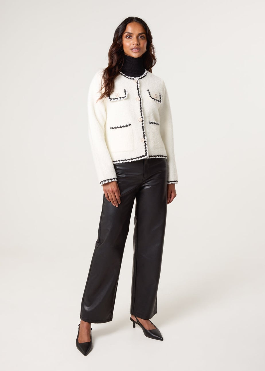 Blue Vanilla Ivory Fluffy Knit Contrast Trim Button Front Cardigan