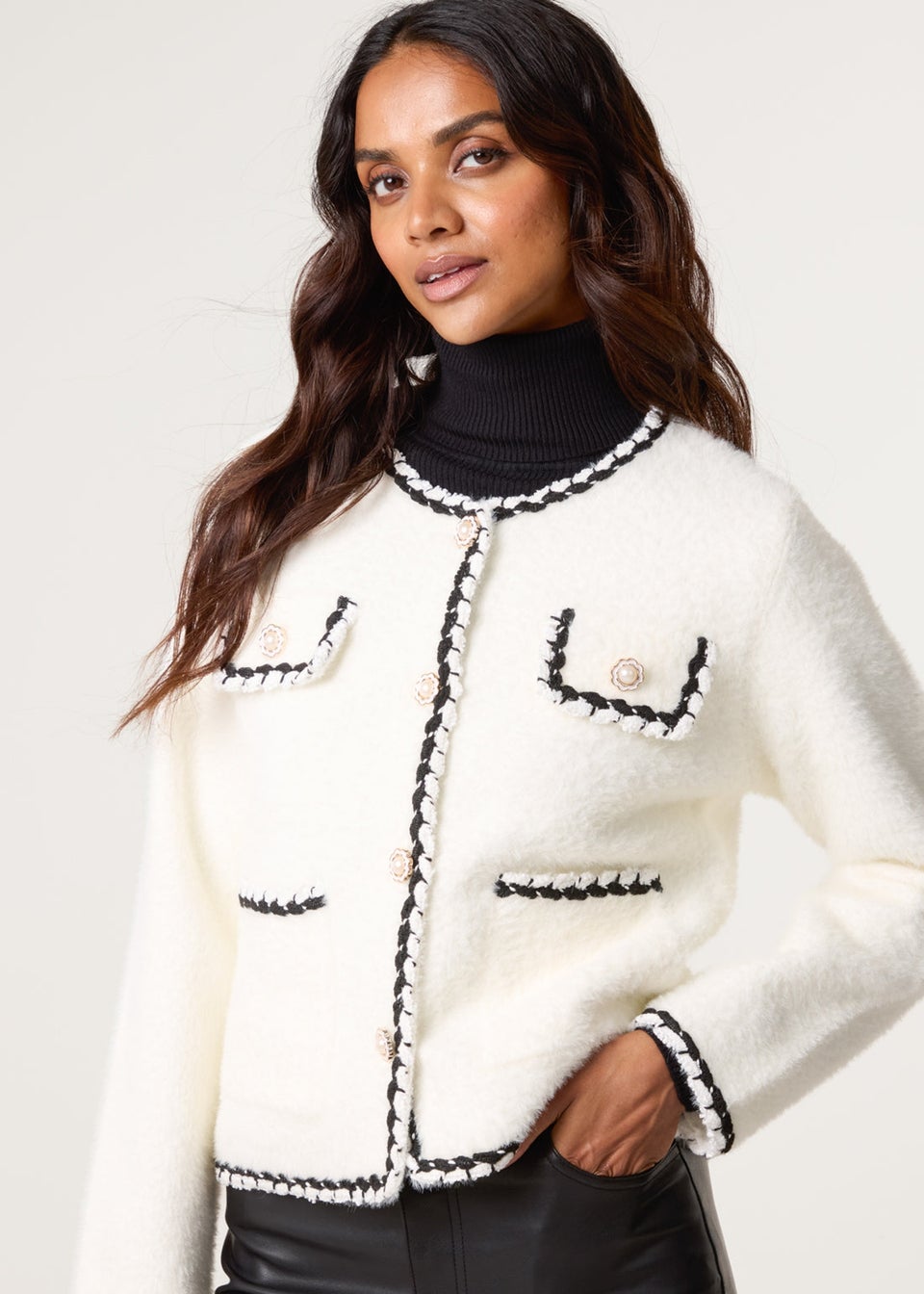 Blue Vanilla Ivory Fluffy Knit Contrast Trim Button Front Cardigan