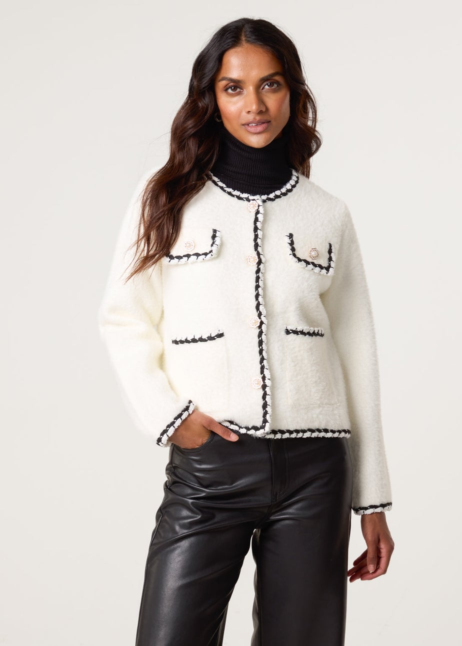 Blue Vanilla Ivory Fluffy Knit Contrast Trim Button Front Cardigan