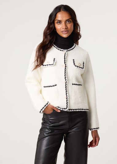 Blue Vanilla Ivory Fluffy Knit Contrast Trim Button Front Cardigan