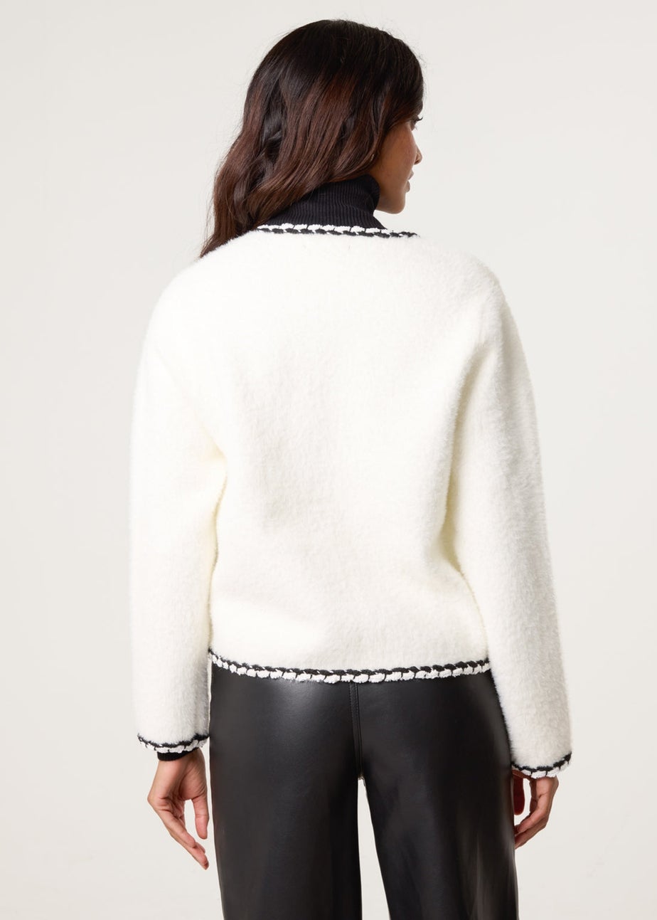 Blue Vanilla Ivory Fluffy Knit Contrast Trim Button Front Cardigan