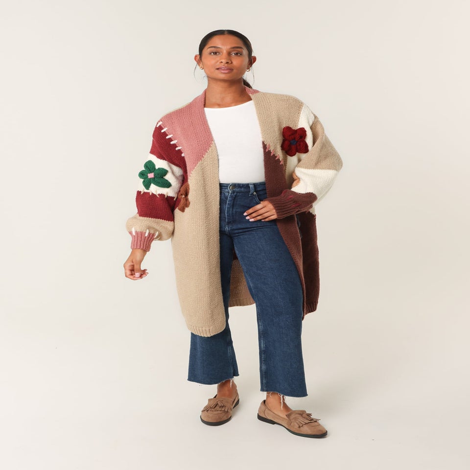 Blue Vanilla Brown Colour Block 3D Flower Longline Cardigan