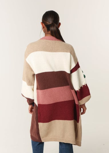 Blue Vanilla Brown Colour Block 3D Flower Longline Cardigan
