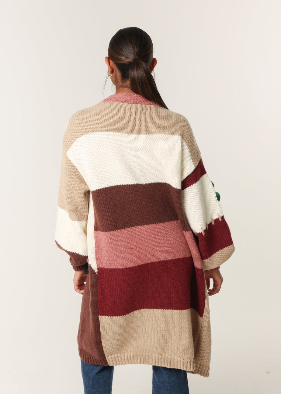 Blue Vanilla Brown Colour Block 3D Flower Longline Cardigan