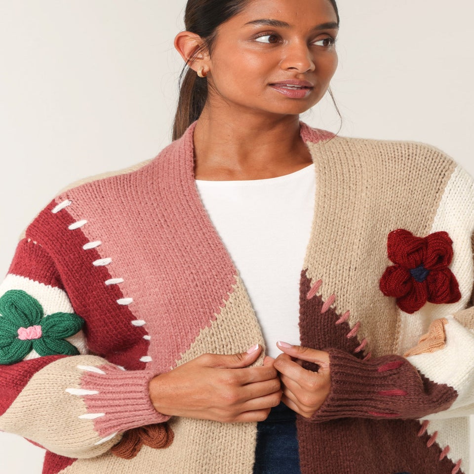 Blue Vanilla Brown Colour Block 3D Flower Longline Cardigan