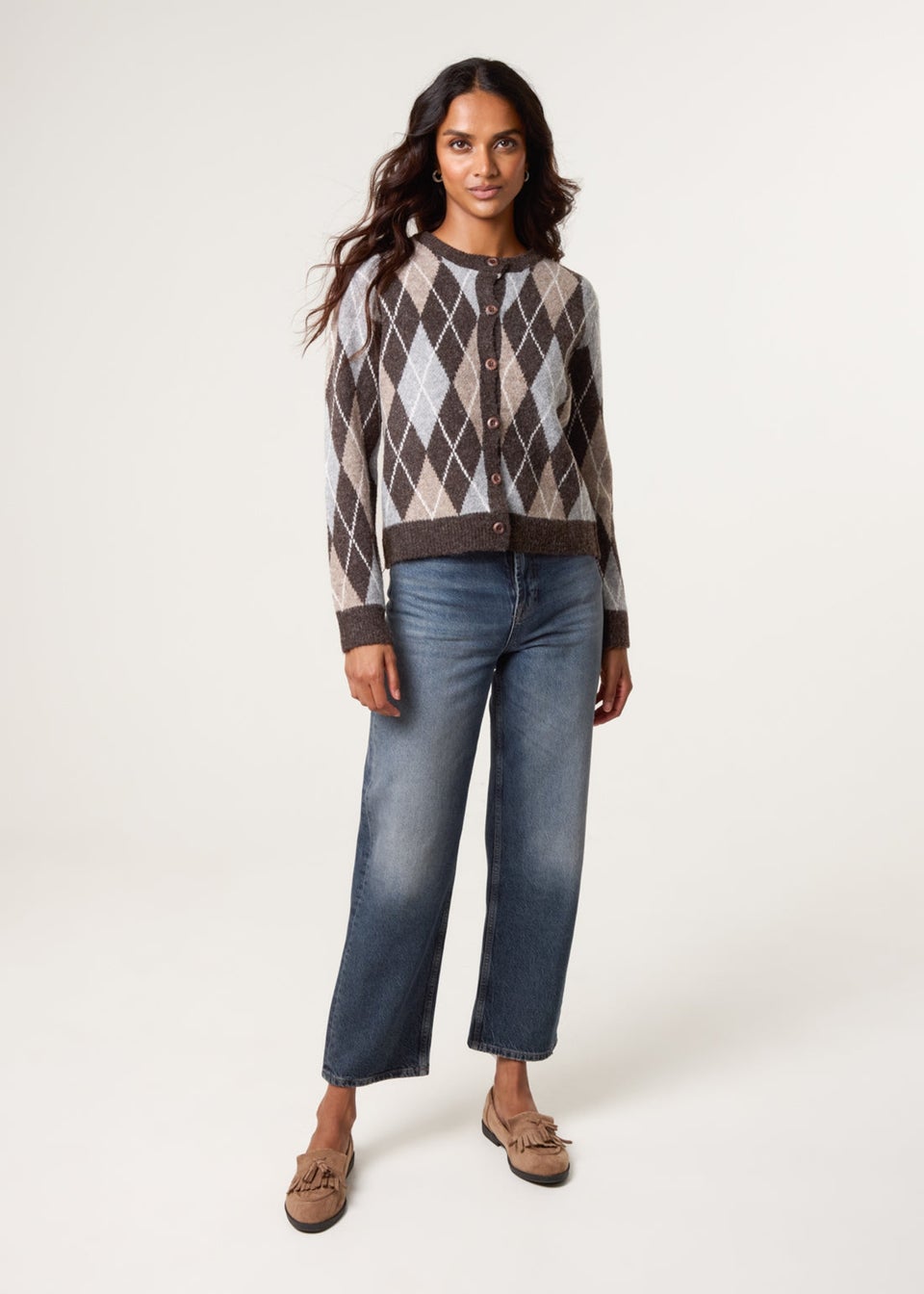 Blue Vanilla Brown Argyle Knit Button Front Cardigan