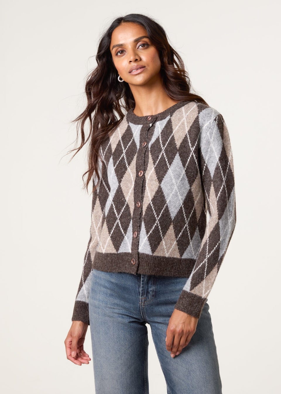 Blue Vanilla Brown Argyle Knit Button Front Cardigan