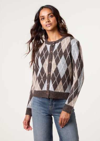 Blue Vanilla Brown Argyle Knit Button Front Cardigan
