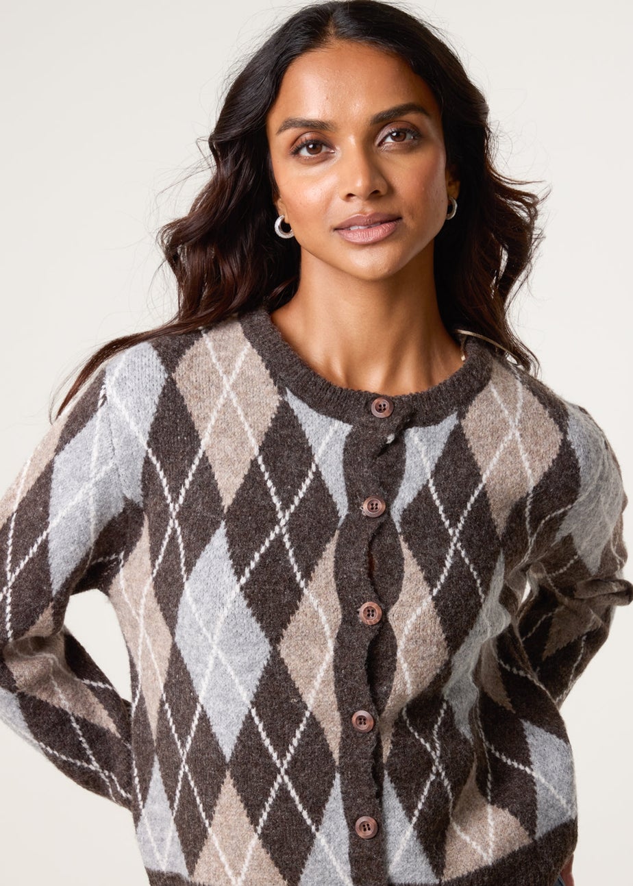Blue Vanilla Brown Argyle Knit Button Front Cardigan