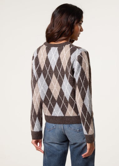 Blue Vanilla Brown Argyle Knit Button Front Cardigan