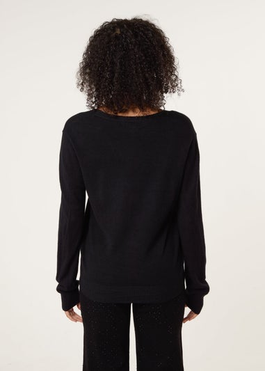 Blue Vanilla Black V Neck Diamante Button Cardigan