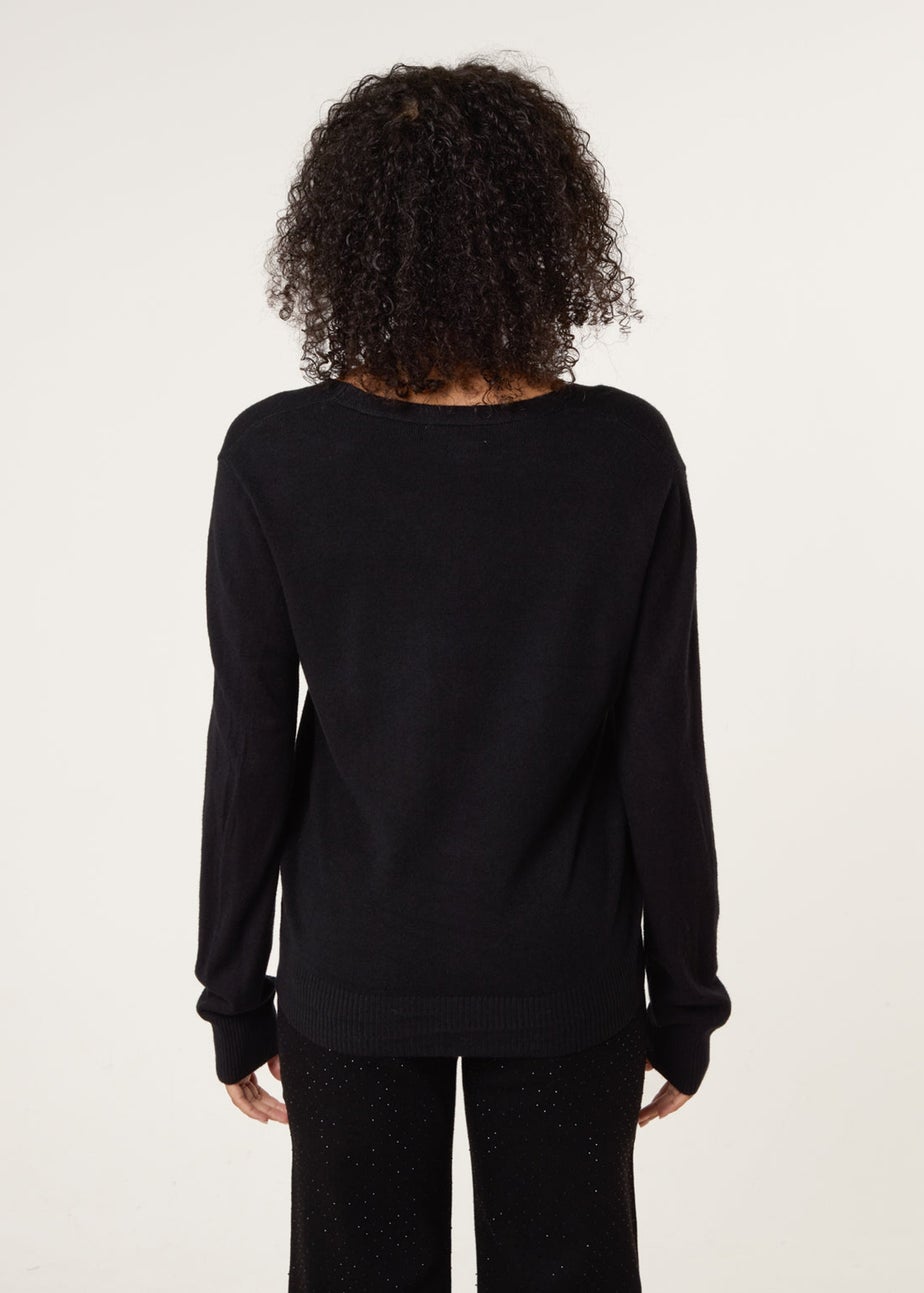 Blue Vanilla Black V Neck Diamante Button Cardigan