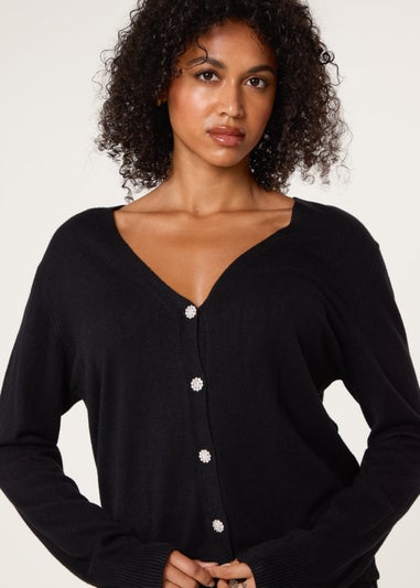 Blue Vanilla Black V Neck Diamante Button Cardigan