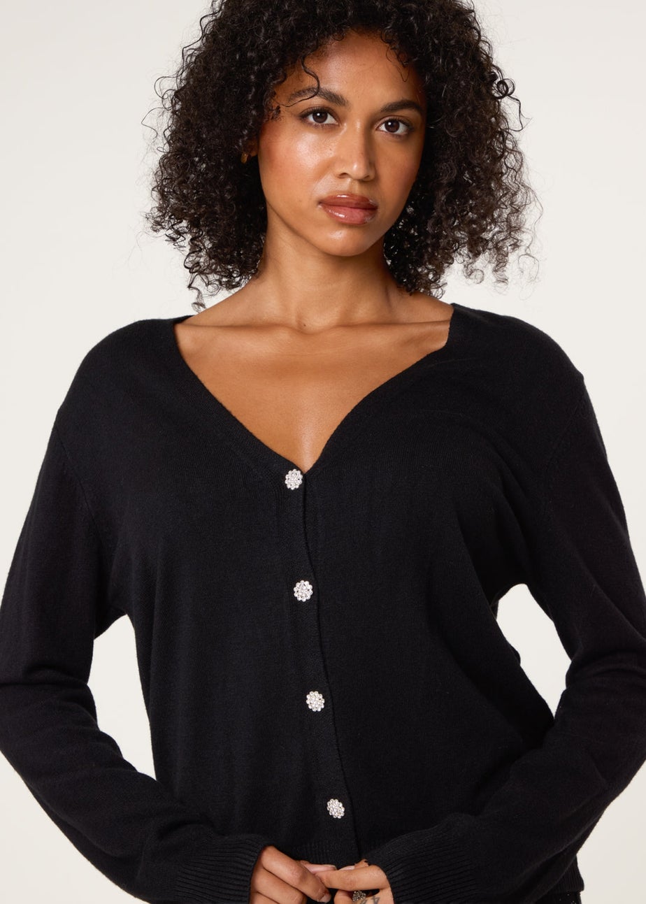 Blue Vanilla Black V Neck Diamante Button Cardigan