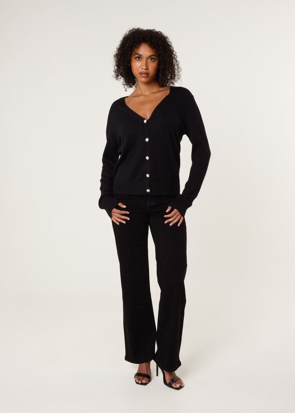 Blue Vanilla Black V Neck Diamante Button Cardigan