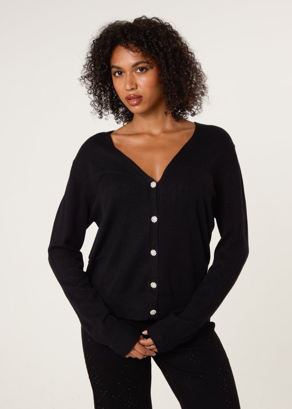 Blue Vanilla Black V Neck Diamante Button Cardigan