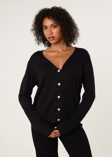 Blue Vanilla Black V Neck Diamante Button Cardigan