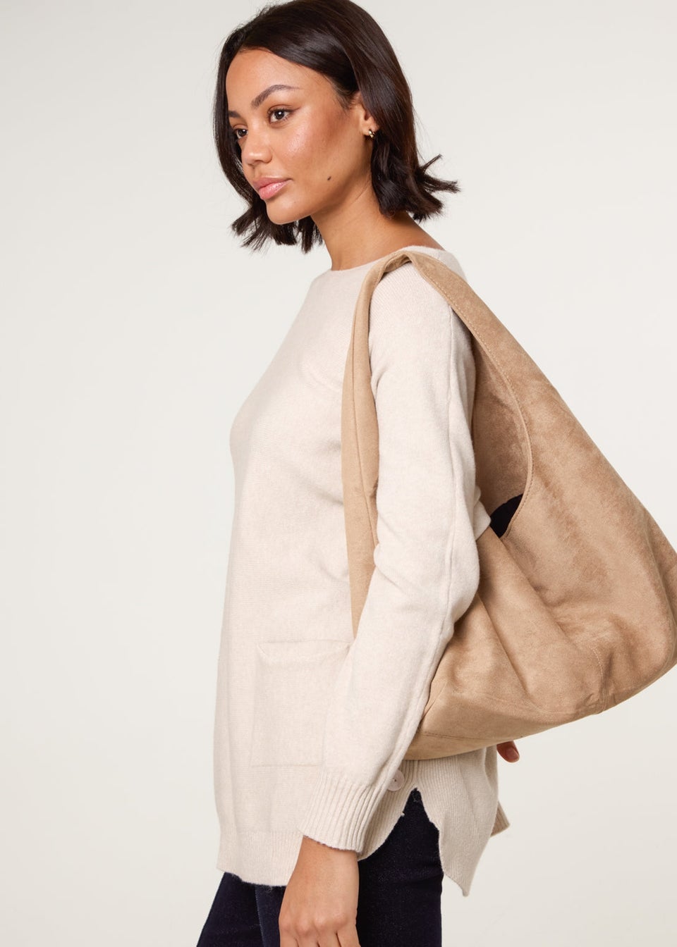 Blue Vanilla Beige Pocket Slash Scoop Neck Jumper