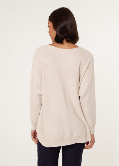 Blue Vanilla Beige Pocket Slash Scoop Neck Jumper