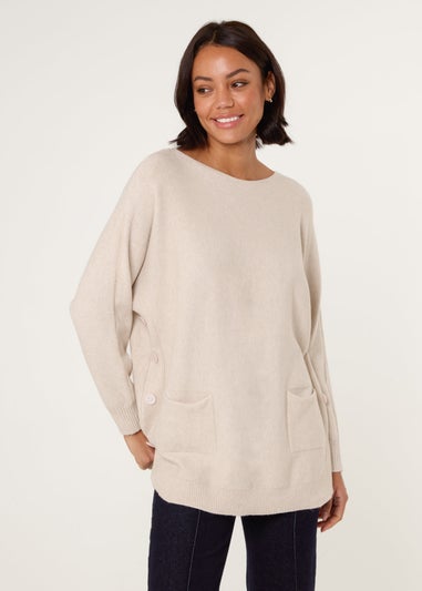 Blue Vanilla Beige Pocket Slash Scoop Neck Jumper