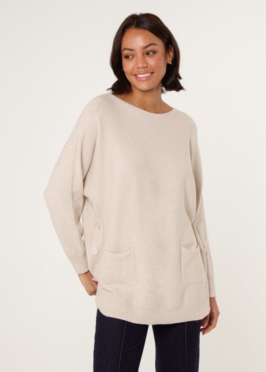 Blue Vanilla Beige Pocket Slash Scoop Neck Jumper