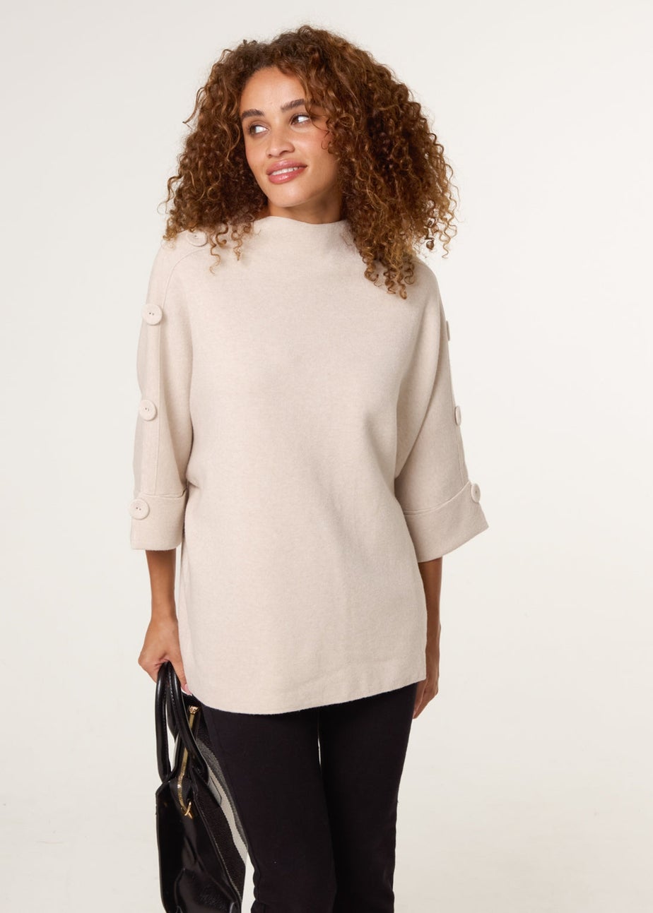 Blue Vanilla Beige High Neck Fabric Button Sleeve Jumper
