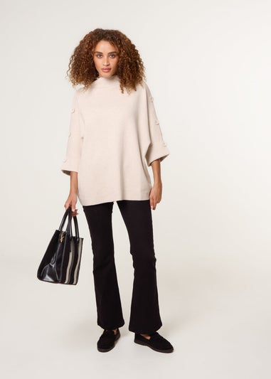 Blue Vanilla Beige High Neck Fabric Button Sleeve Jumper