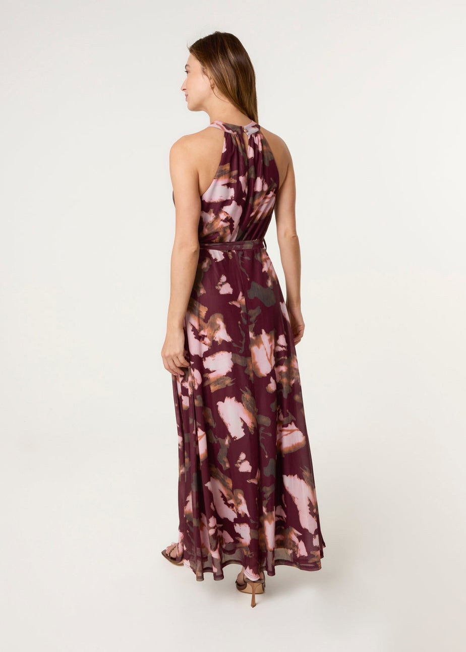 Blue Vanilla Burgundy Mesh Halterneck Belted Maxi Dress