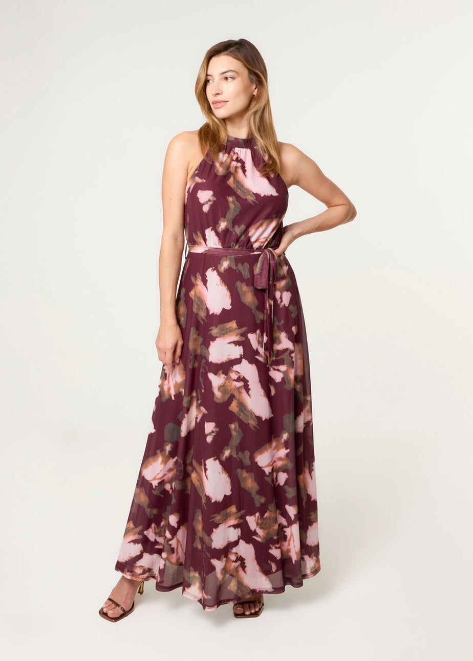 Blue Vanilla Burgundy Mesh Halterneck Belted Maxi Dress