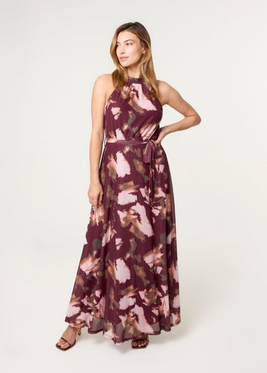 Blue Vanilla Burgundy Mesh Halterneck Belted Maxi Dress