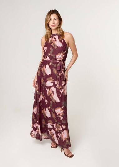 Blue Vanilla Burgundy Mesh Halterneck Belted Maxi Dress