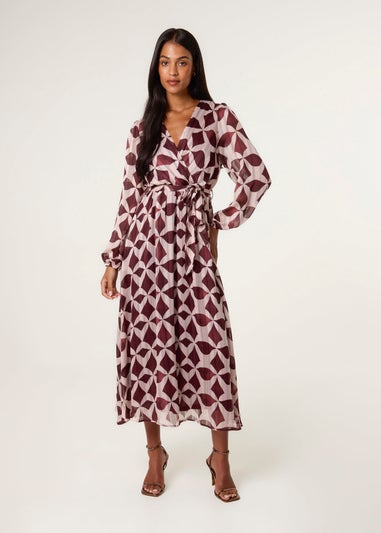 Blue Vanilla Burgundy Geometric Metallic Wrap Maxi Dress