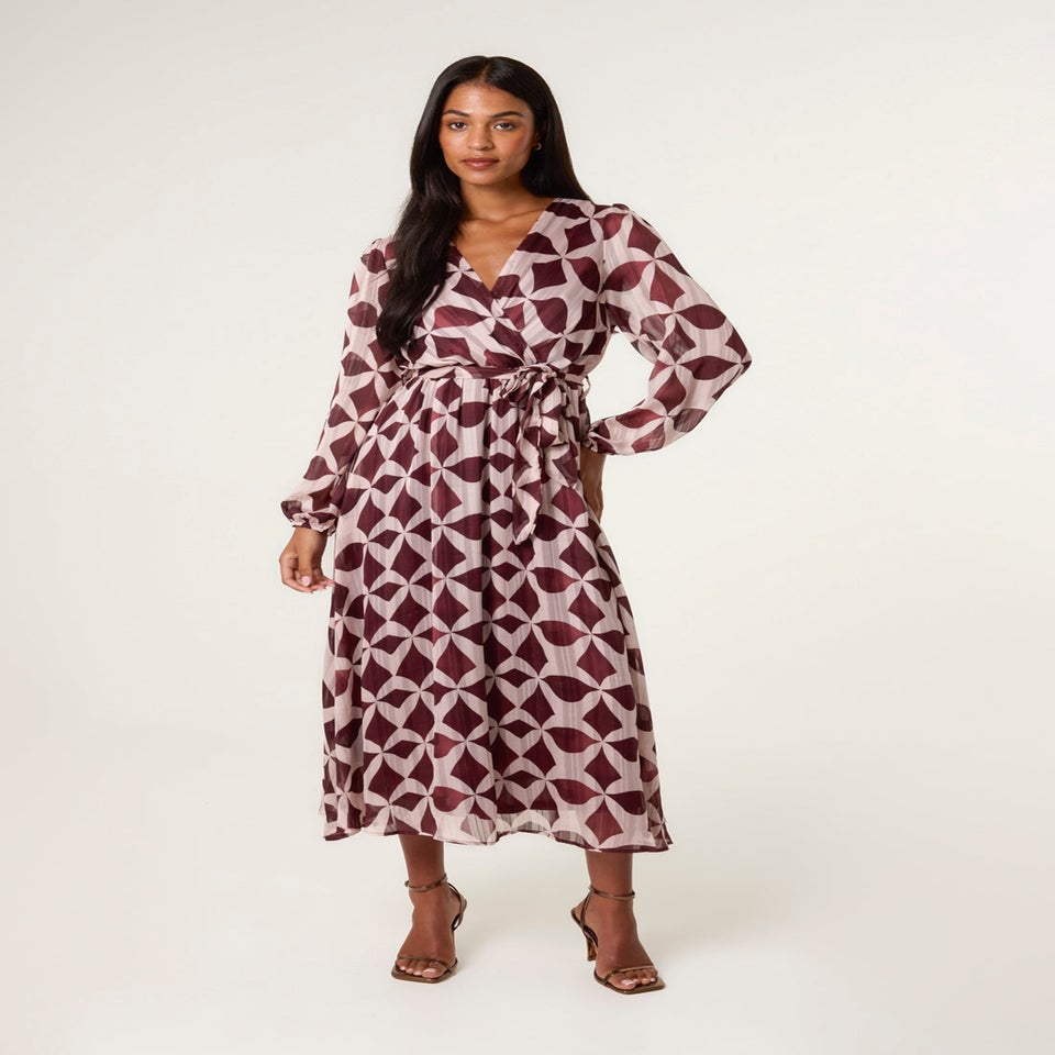 Blue Vanilla Burgundy Geometric Metallic Wrap Maxi Dress