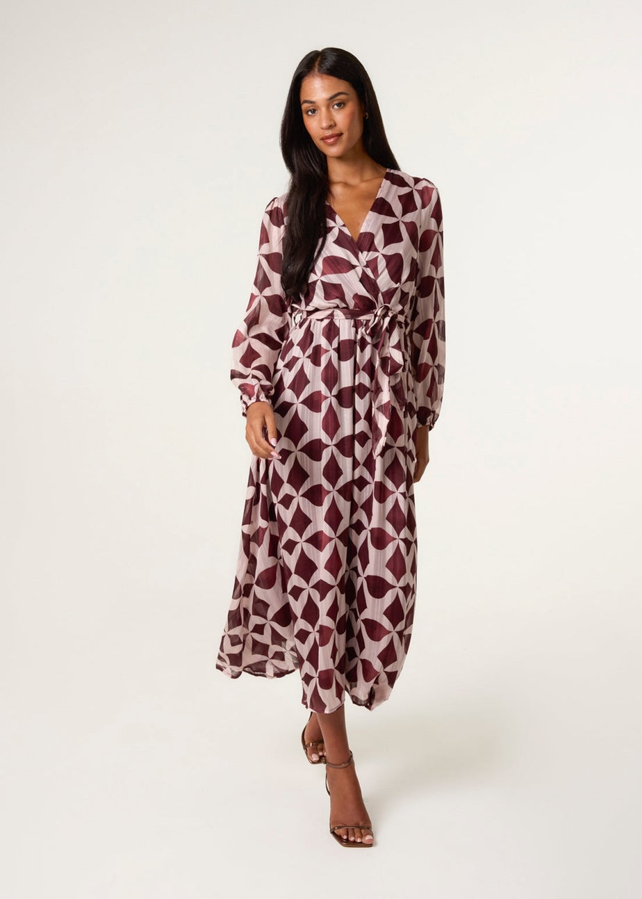 Blue Vanilla Burgundy Geometric Metallic Wrap Maxi Dress