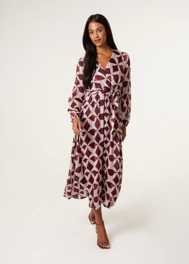 Blue Vanilla Burgundy Geometric Metallic Wrap Maxi Dress
